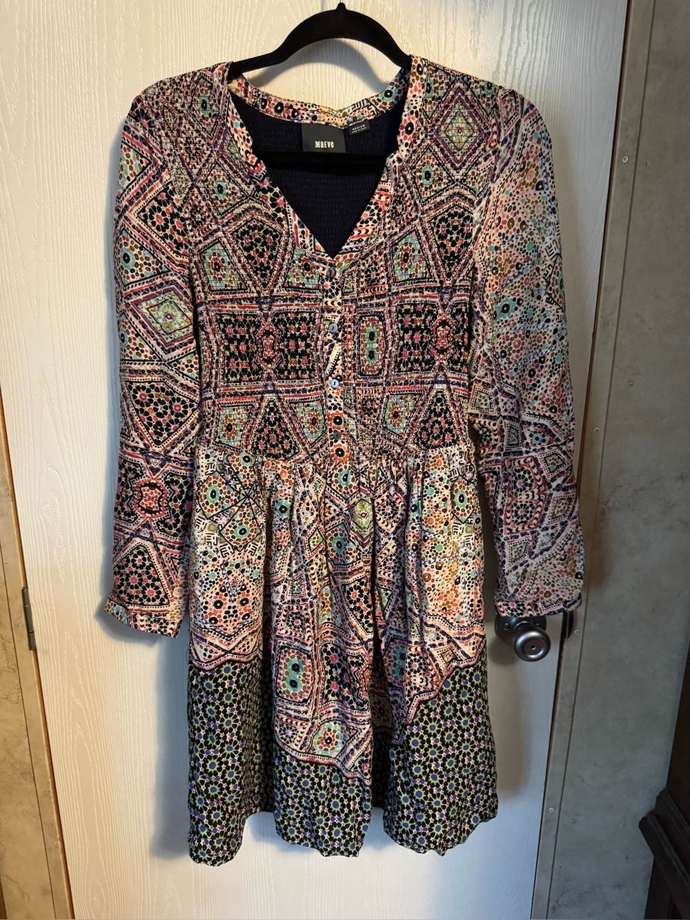 Maeve Multicolor Patchwork V-Neck Long Sleeve Dress